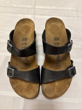 Papillio by Birkenstock Black Two-Buckle Cork Footbed Wedge Sandals